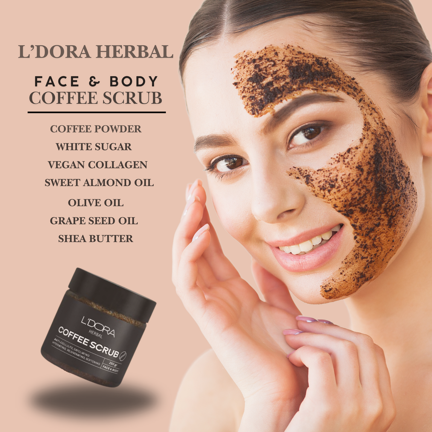 L'DORA HERBAL FACE & BODY COFFEE SCRUB, 250gr