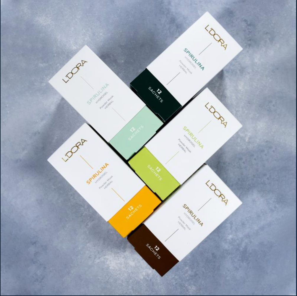 L’DORA HERBAL SPIRULINA HYDROGEL POWDER MASK CONTAINING EGG WHITE AND Q10, 12 PCS